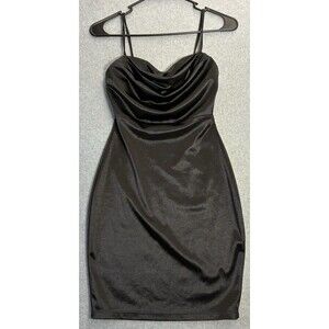 Women’s Black Satin Cowl Neck Bodycon Mini Dress Spaghetti Strap Small